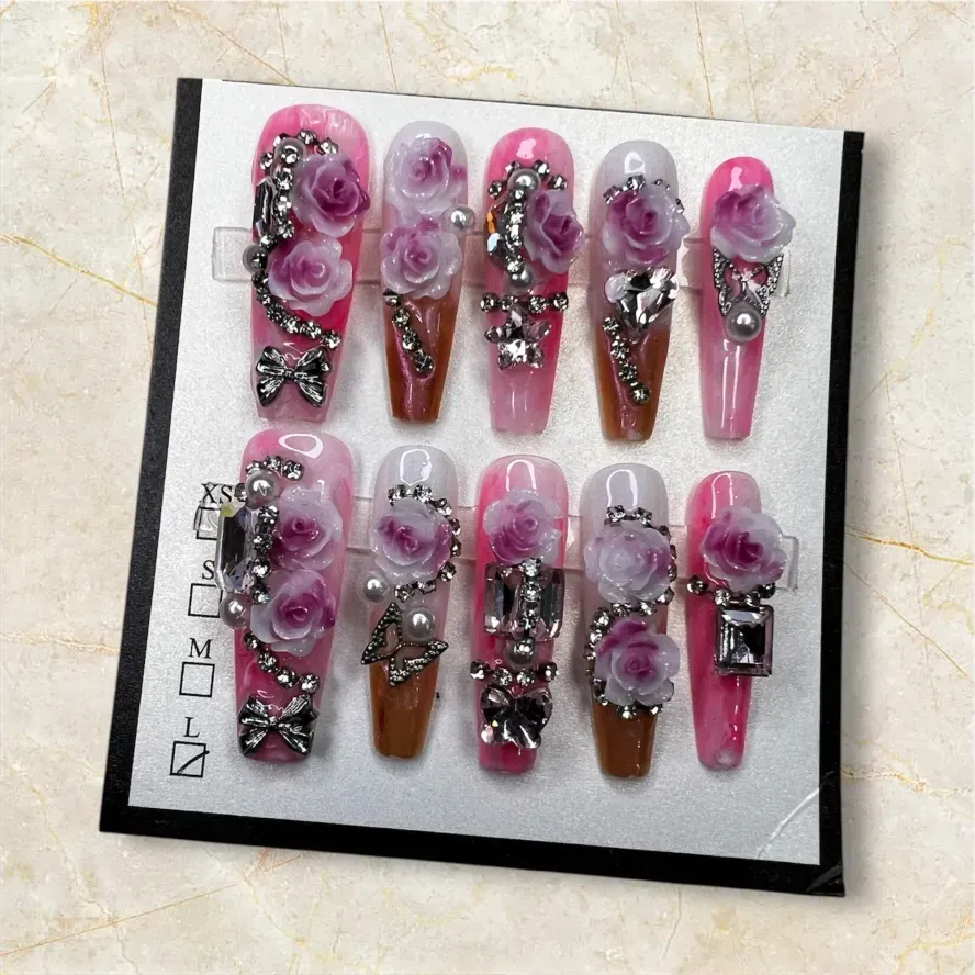 (COLOR-BLUSH) Press-On Nails (Rhinestone) Size - Large
