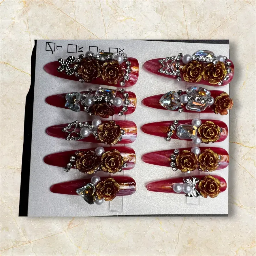 (COLOR-AESTHETIC MAROON) Press-On Nails (Rhinestone) Size - LARGE