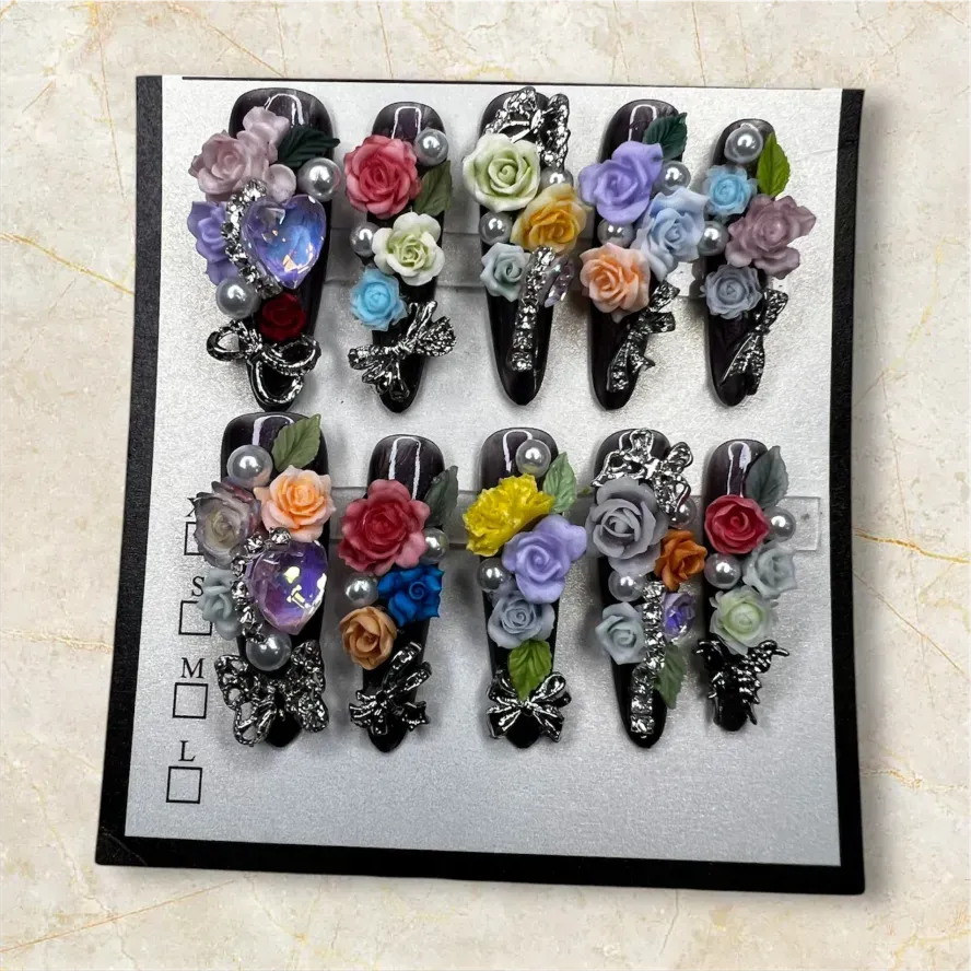 (COLOR-ROYAL RUBY) Press-On Nails (Colorful Rhinestone) Size - Medium
