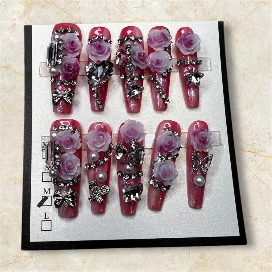 (COLOR-FLAMINGO) Press-On Nails (Rhinestone) Size - Medium