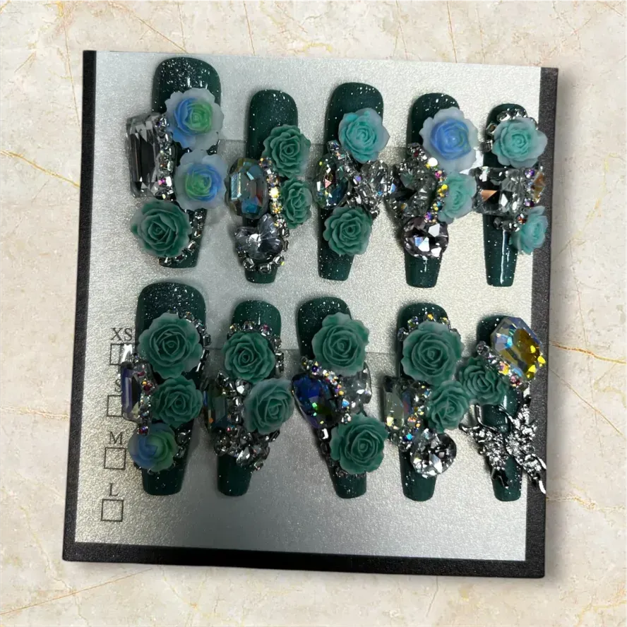 (COLOR-SAGE) Press-On Nails (Rhinestones) SIZE- SMALL