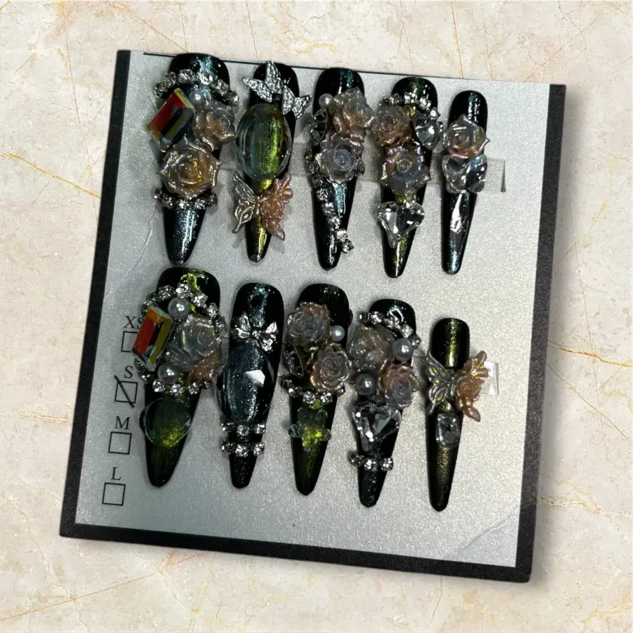 (COLOR-BLACK) Press-On Nails (Rhinestones) SIZE- SMALL