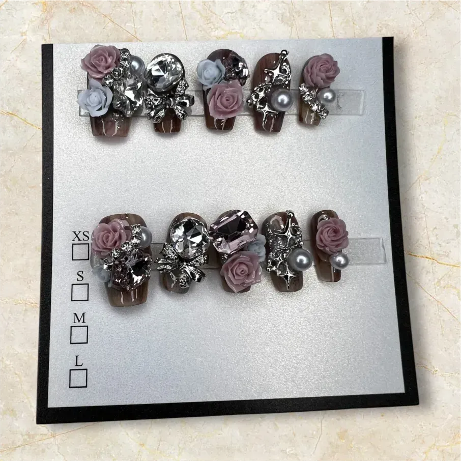(COLOR-NUDE BROWN) Press-On Nails (Rhinestone) SIZE- SMALL