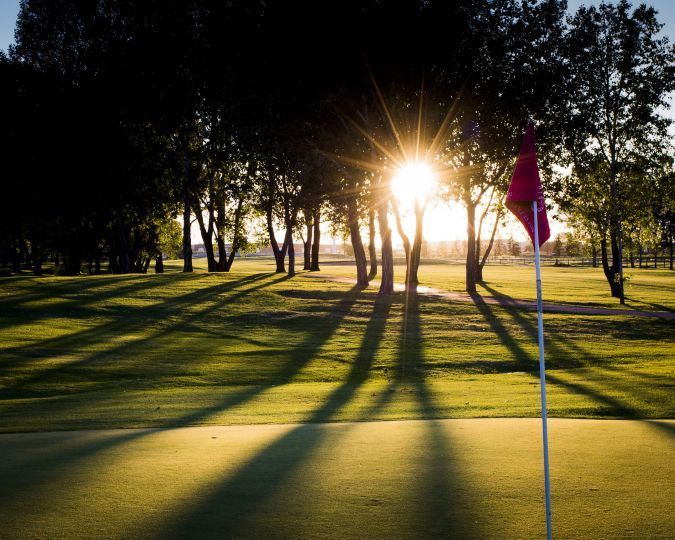 Sunset over a golf course, illuminating the green with long tree shadows and a red flag.