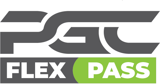 Logo for PGC Flex Pass featuring grey text on a white and green background.