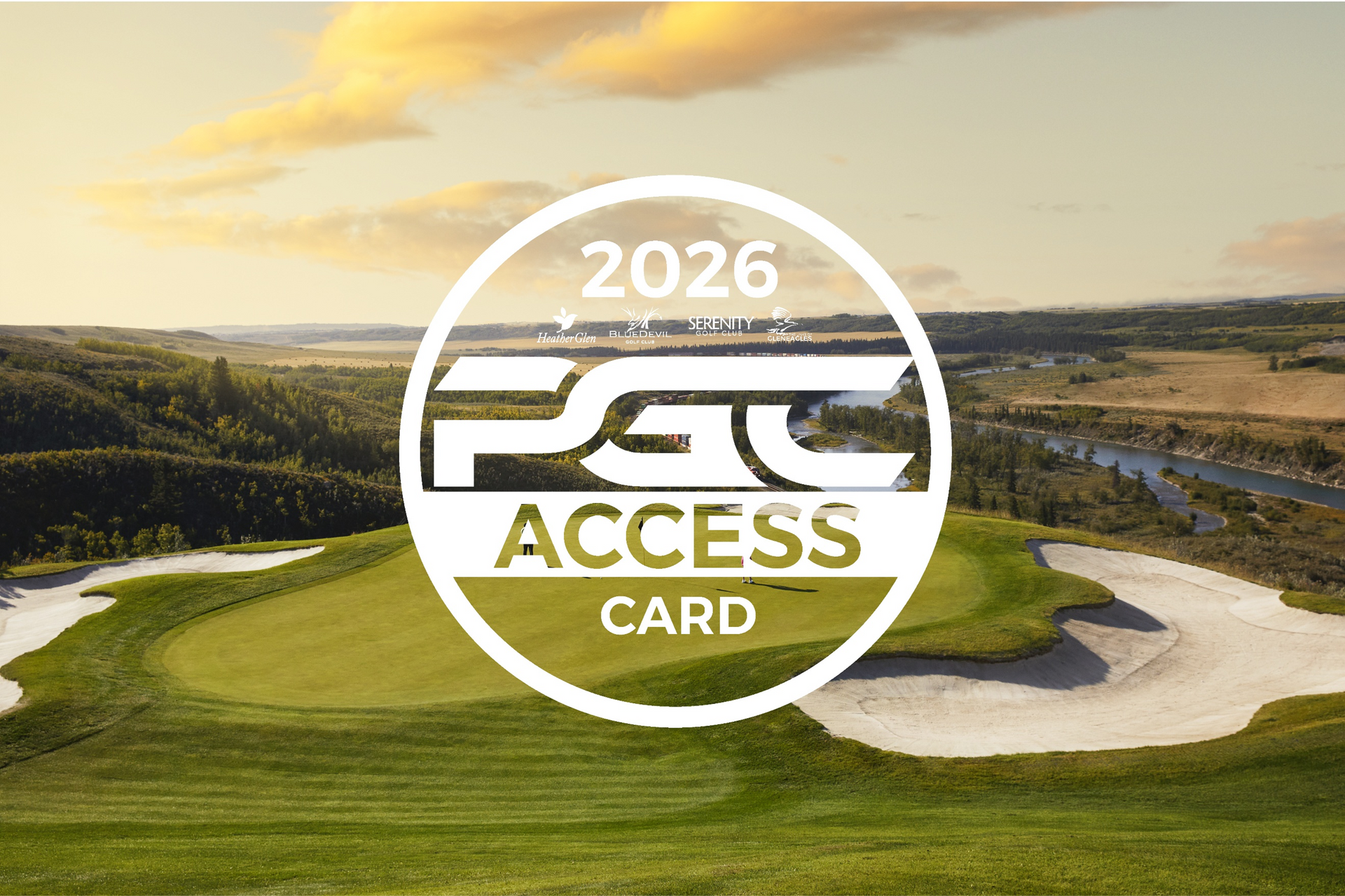A 2026 PGC Access Card logo centered over a scenic view of a lush green golf course with sand traps at sunset.