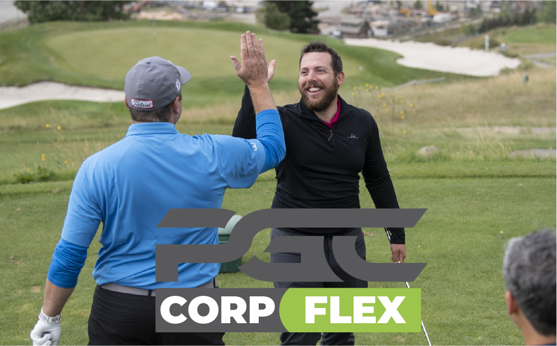 Corporate flex passes advertisement with logos for four golf clubs: HeatherGlen, Serenity, Gleneagles, and Blue Devil.