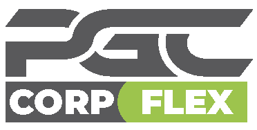 Logo for PGC Corp Flex featuring stylized gray text for PGC and white text on a green background for Corp Flex.