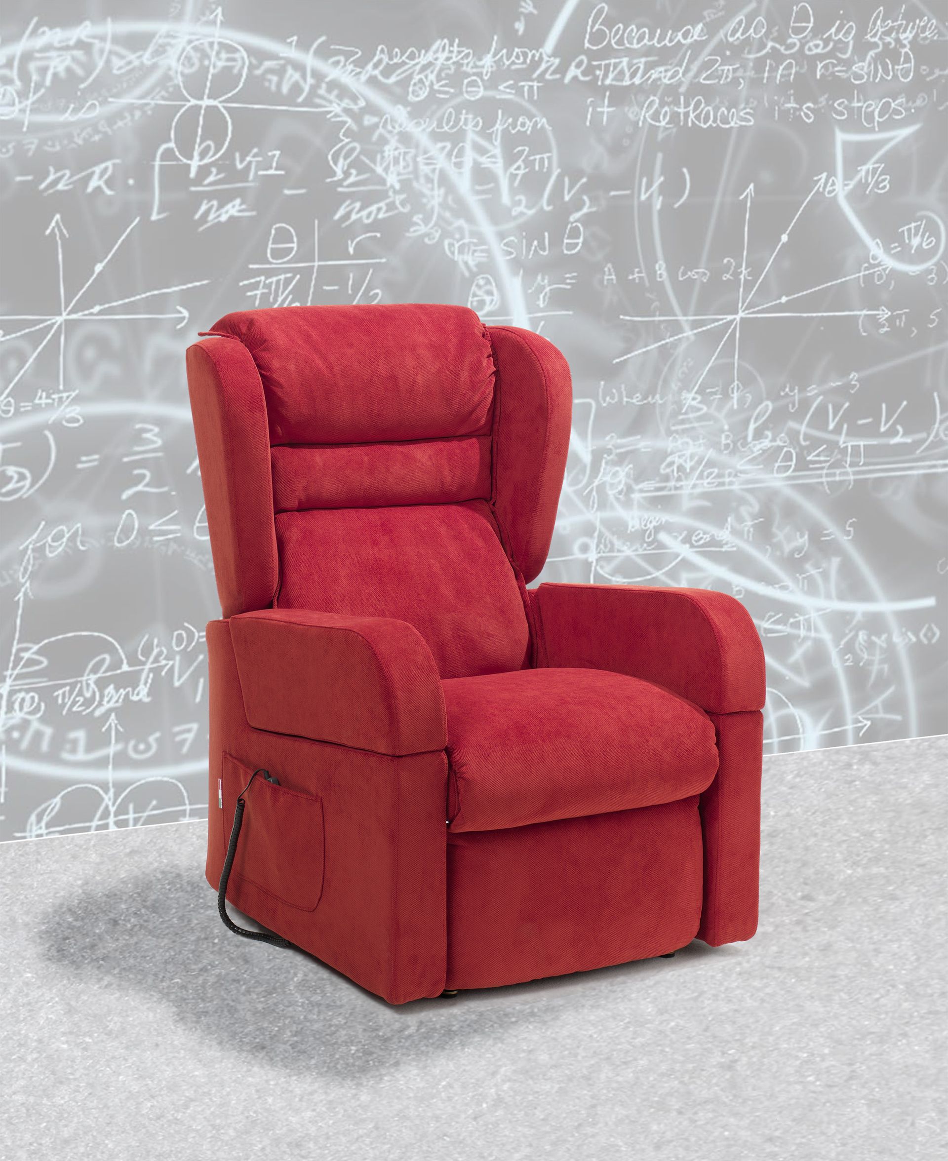 Poltrona reclinabile rossa su uno sfondo di equazioni matematiche.