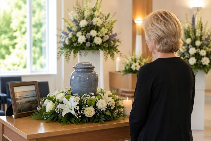 an elegant memorial display with flowers after a cremation in Wauwatosa, WI