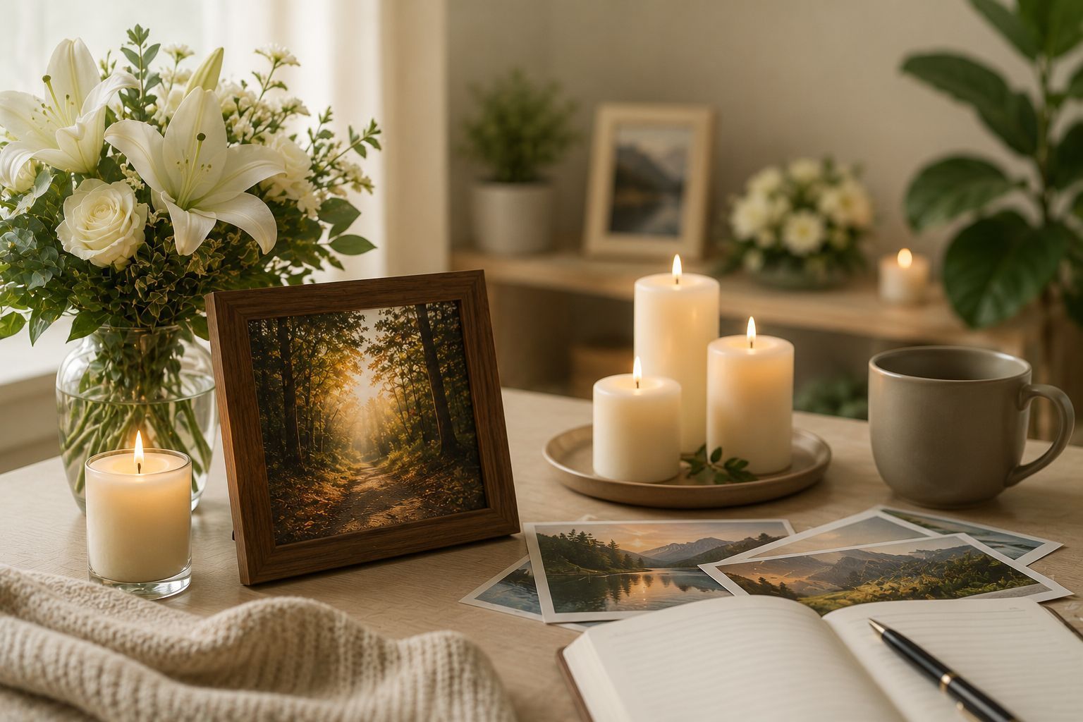Meaningful memorial tribute with candles, flowers, framed photo, and keepsakes honoring a loved one