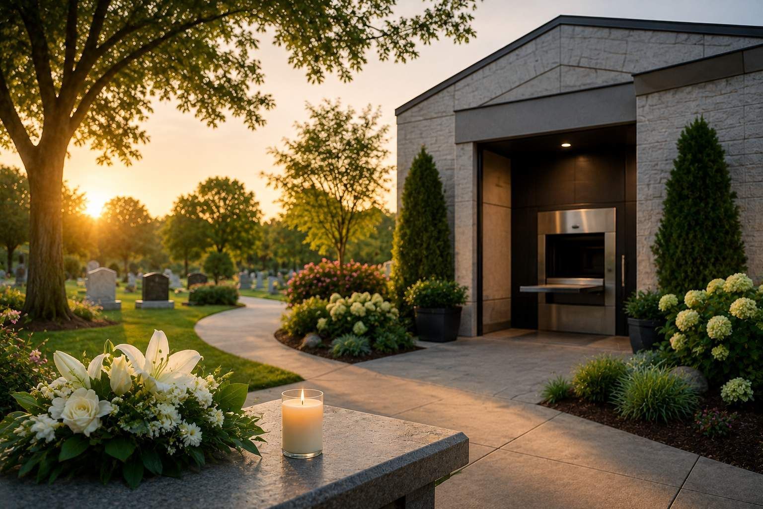 Modern on-site crematory surrounded by peaceful cemetery grounds and memorial landscaping in Daly Ci