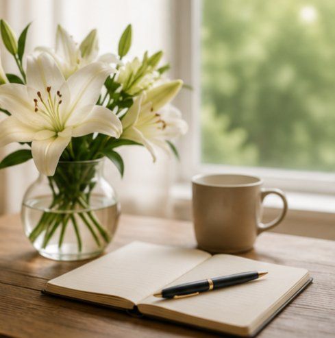 White lilies journal and coffee cup in a peaceful remembrance setting in Milwaukee, WI .