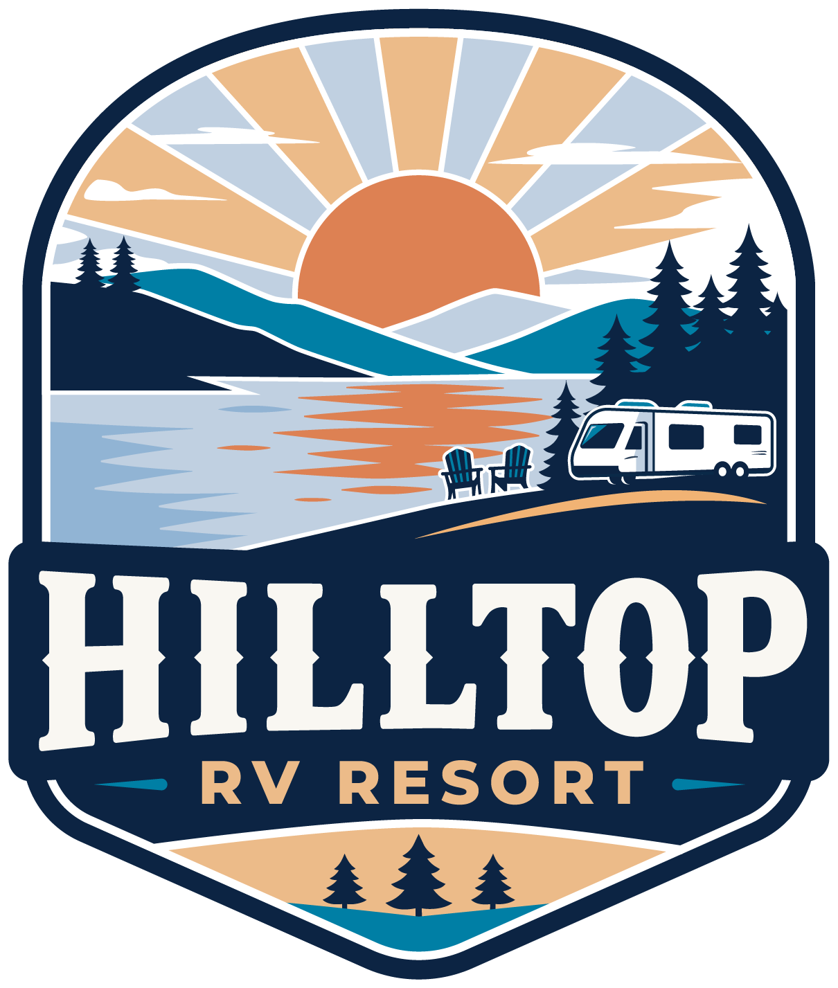 Hilltop RV Resort logo with sunrise, mountains, lake, pine trees, and an RV