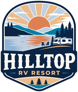 Hilltop RV Resort logo with sunrise, mountains, lake, pine trees, and an RV