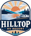 Hilltop RV Resort logo with sunrise, mountains, lake, trees, and an RV