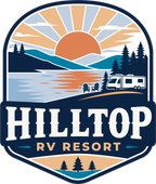 Hilltop RV Resort logo with sunrise, mountains, lake, trees, and an RV