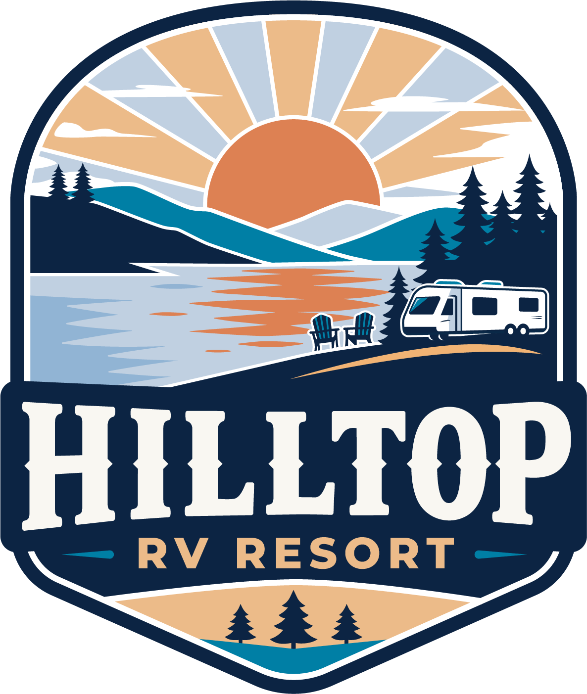 Hilltop RV Resort logo with sunset, mountains, trees, lake, and RV silhouette