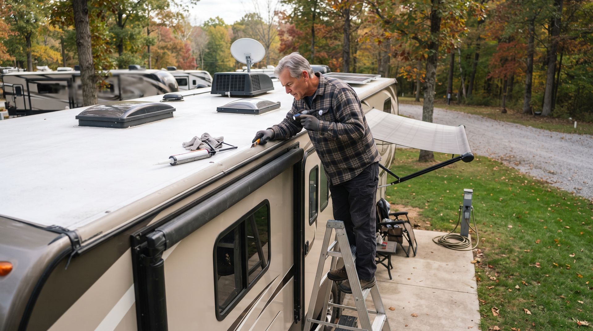 Full-time RV checking roof seals for fall maintenance at Hilltop RV Resort in Mead, Oklahoma
