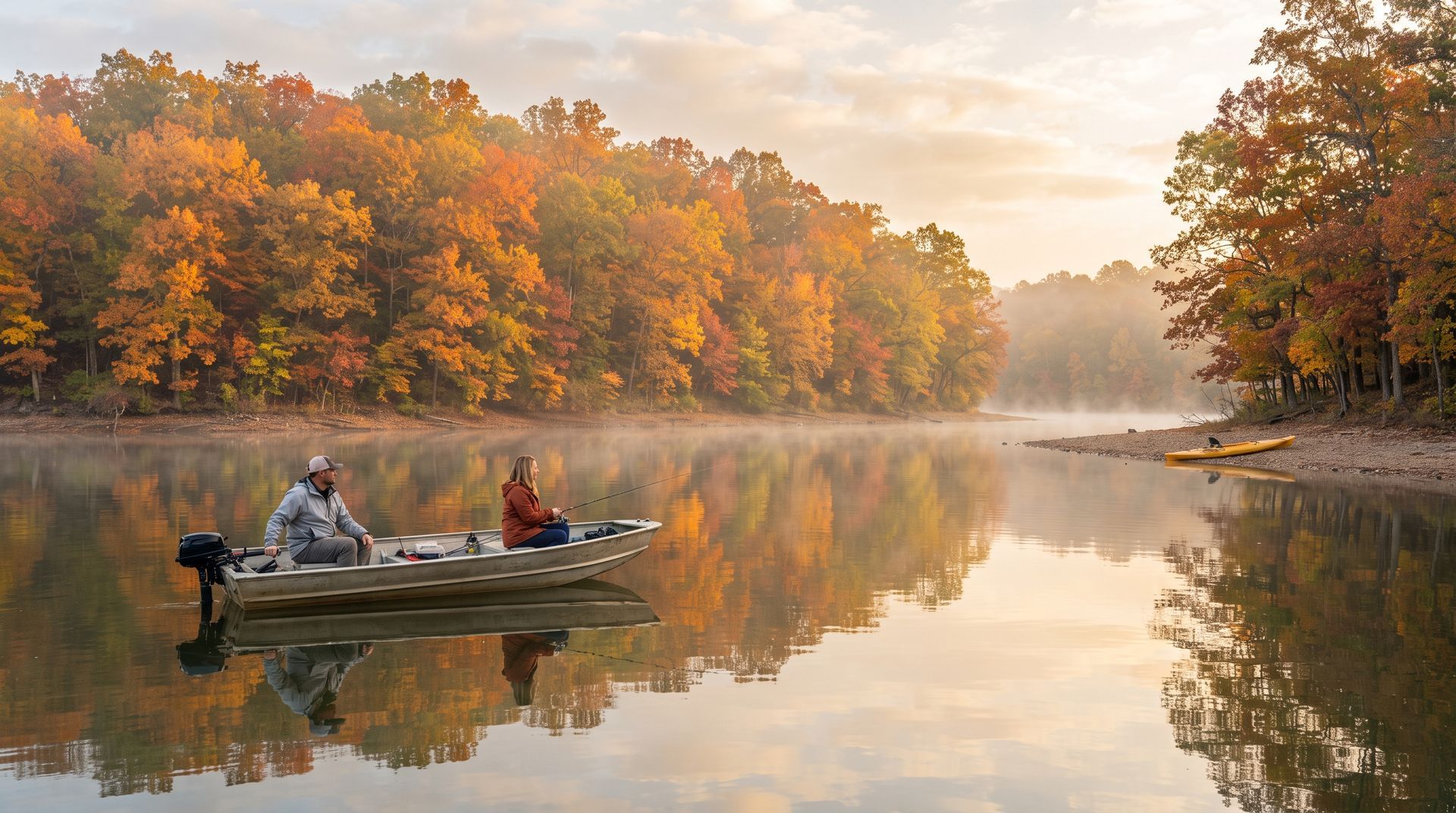 Two people in a small boat on a calm autumn river with golden trees reflecting in the water