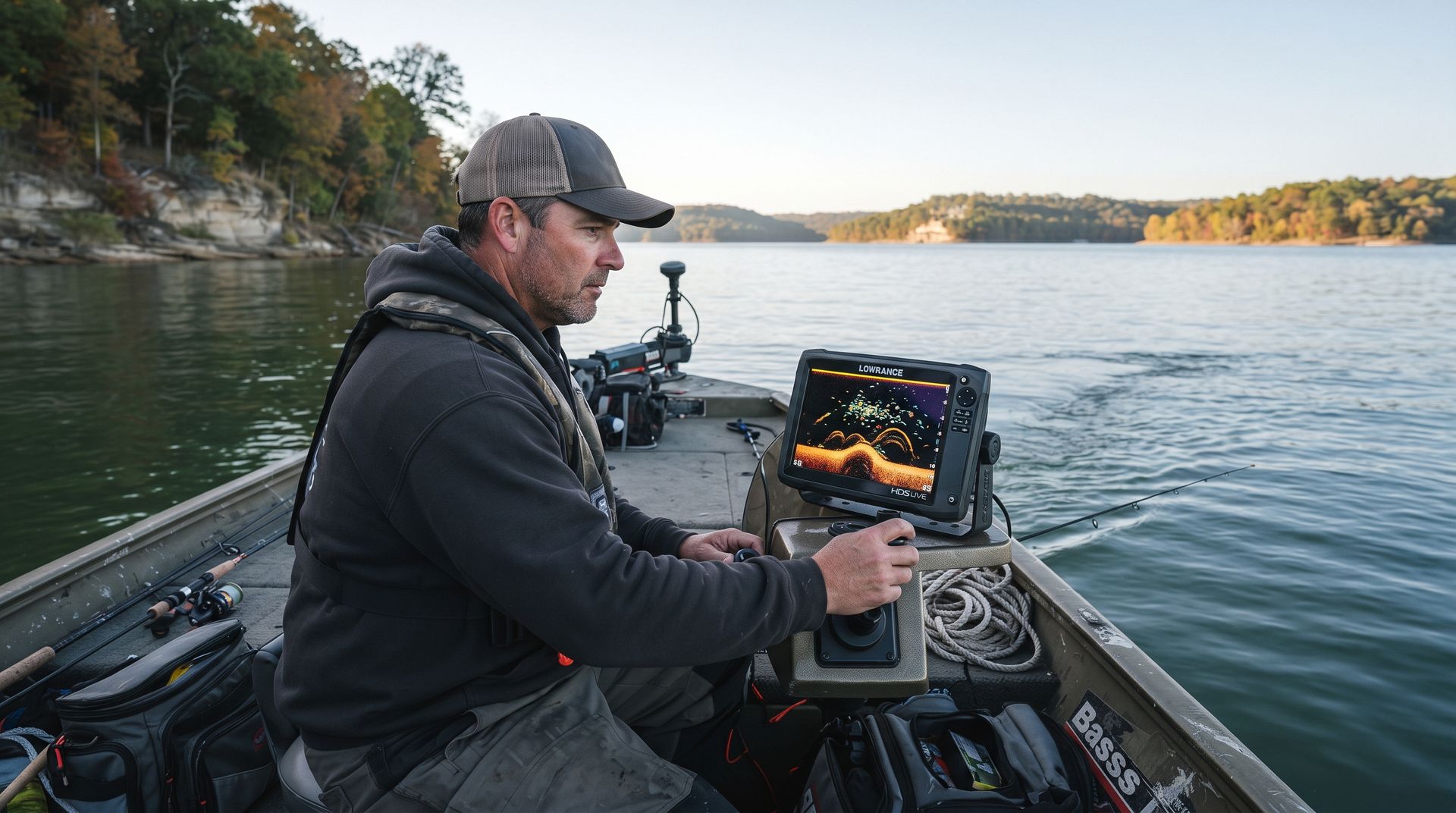 Angler in a boat operating a fish finder on a calm lake at dawn