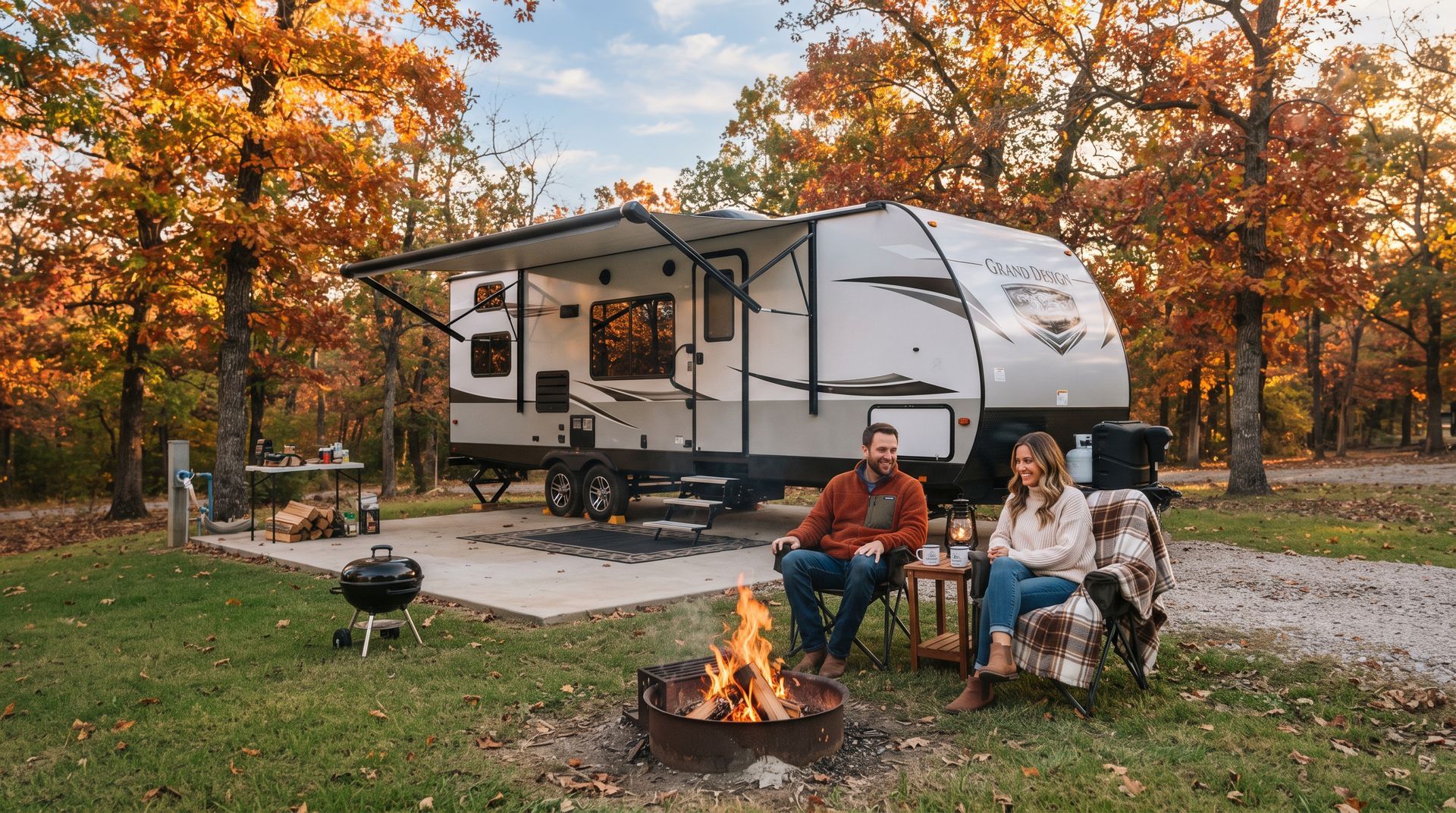 Two people sit by a campfire beside a white travel trailer in an autumn forest campground.