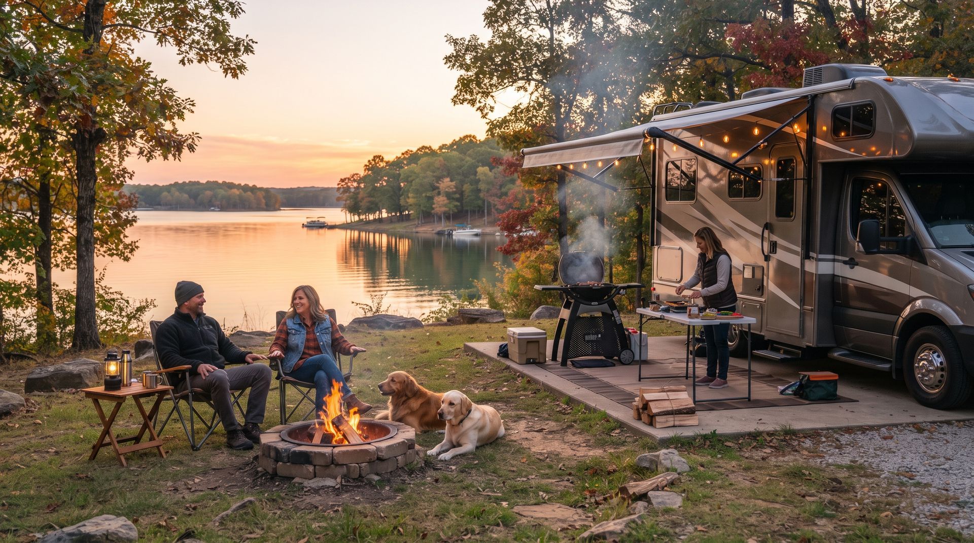 People relaxing by a campfire beside an RV at sunset on a lakeshore.