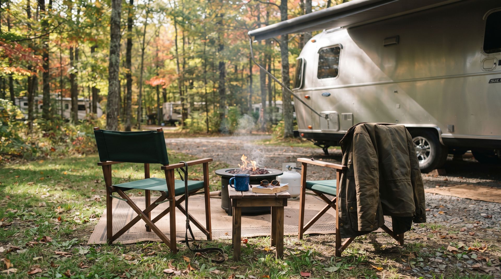 RV campsite set up for fall with camp chairs, a fire pit, and a jacket ready for temperature swings.