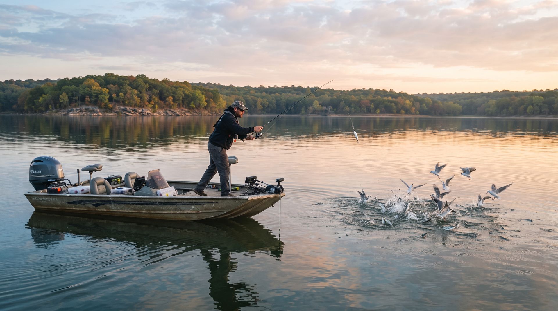 Person fishing from a small boat as fish splash on a calm lake at sunrise.