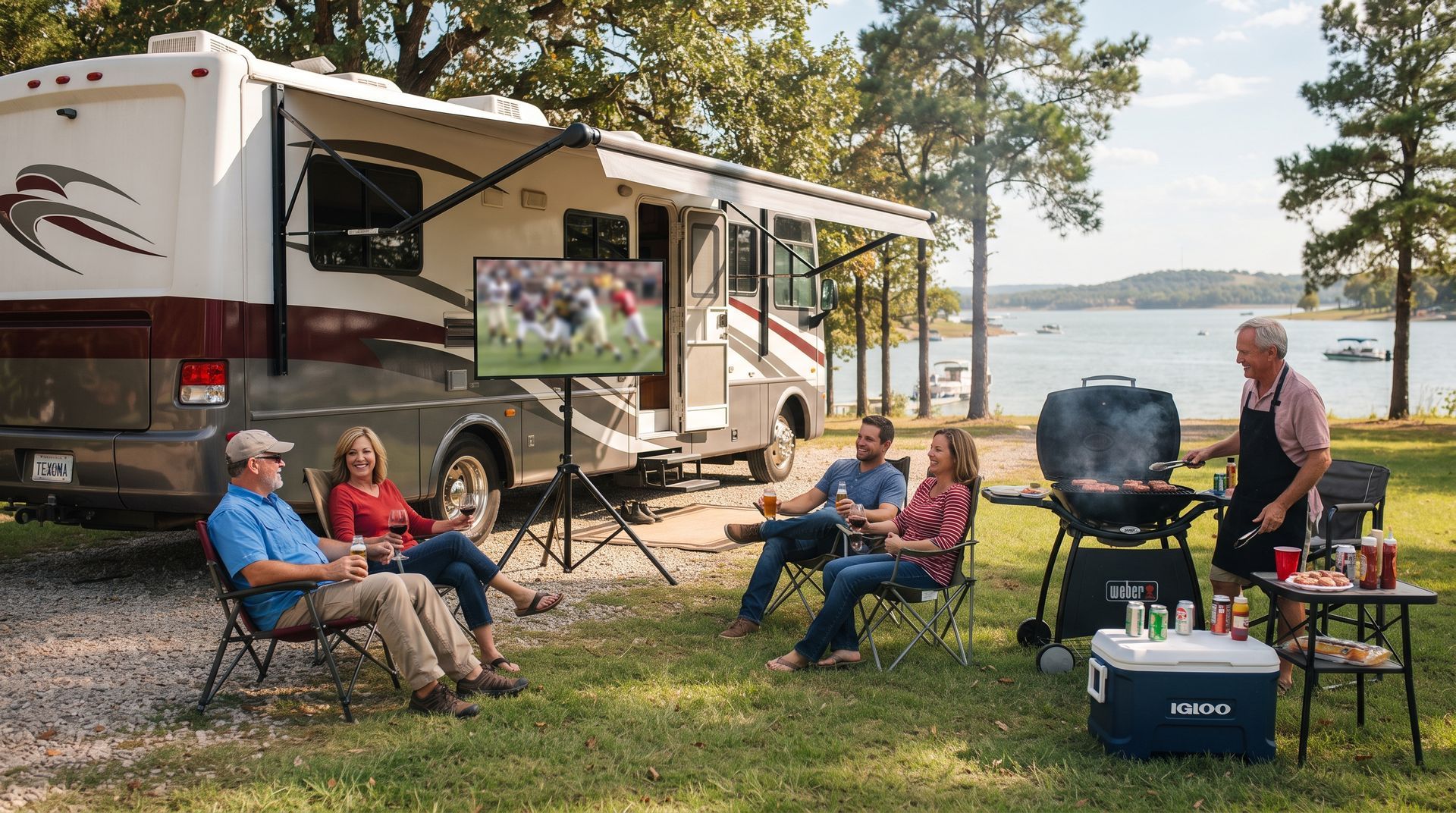 People relaxing by an RV campsite beside a lake, with chairs, a grill, and a TV under an awning.