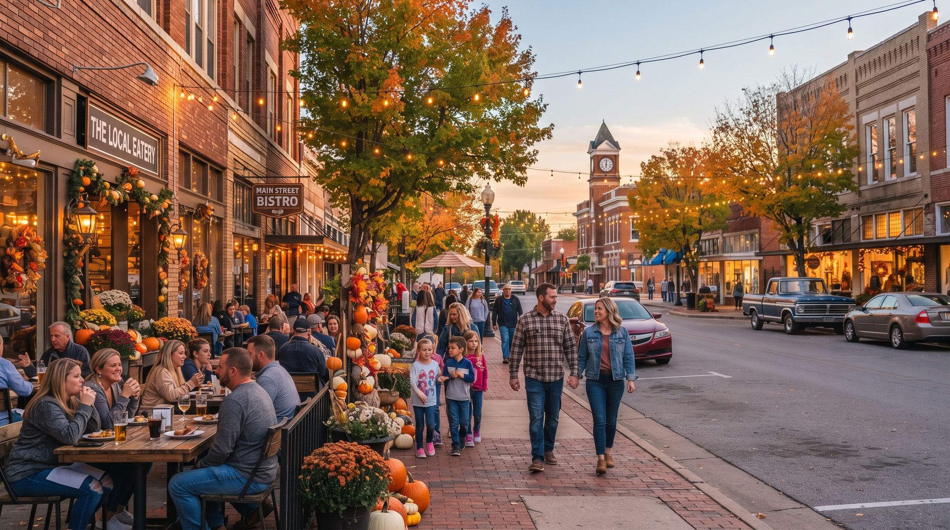 Busy autumn street with outdoor café diners, pedestrians, and parked cars at sunset.