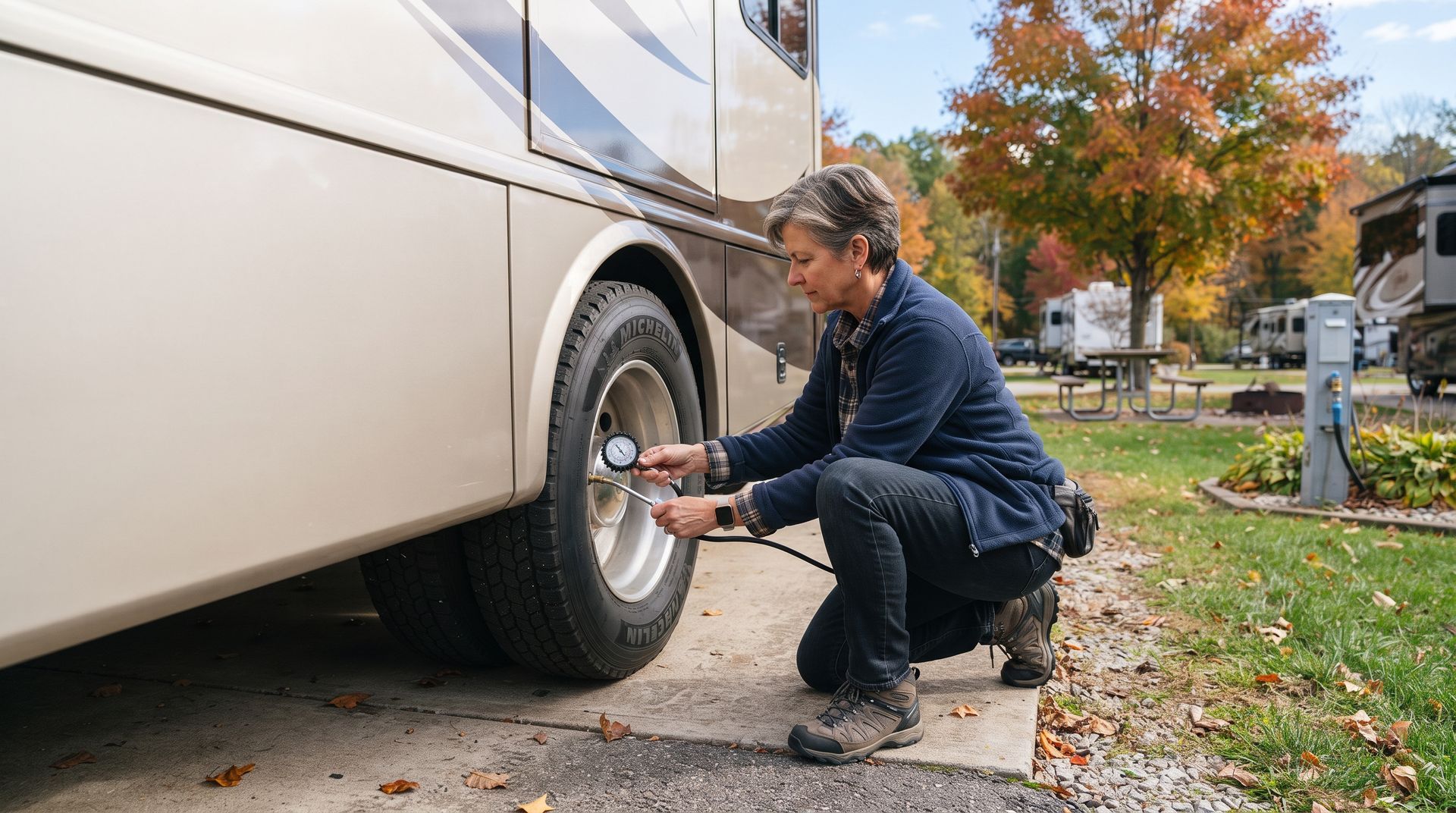 Person tightening a bus tire with a wrench on a roadside driveway in autumn