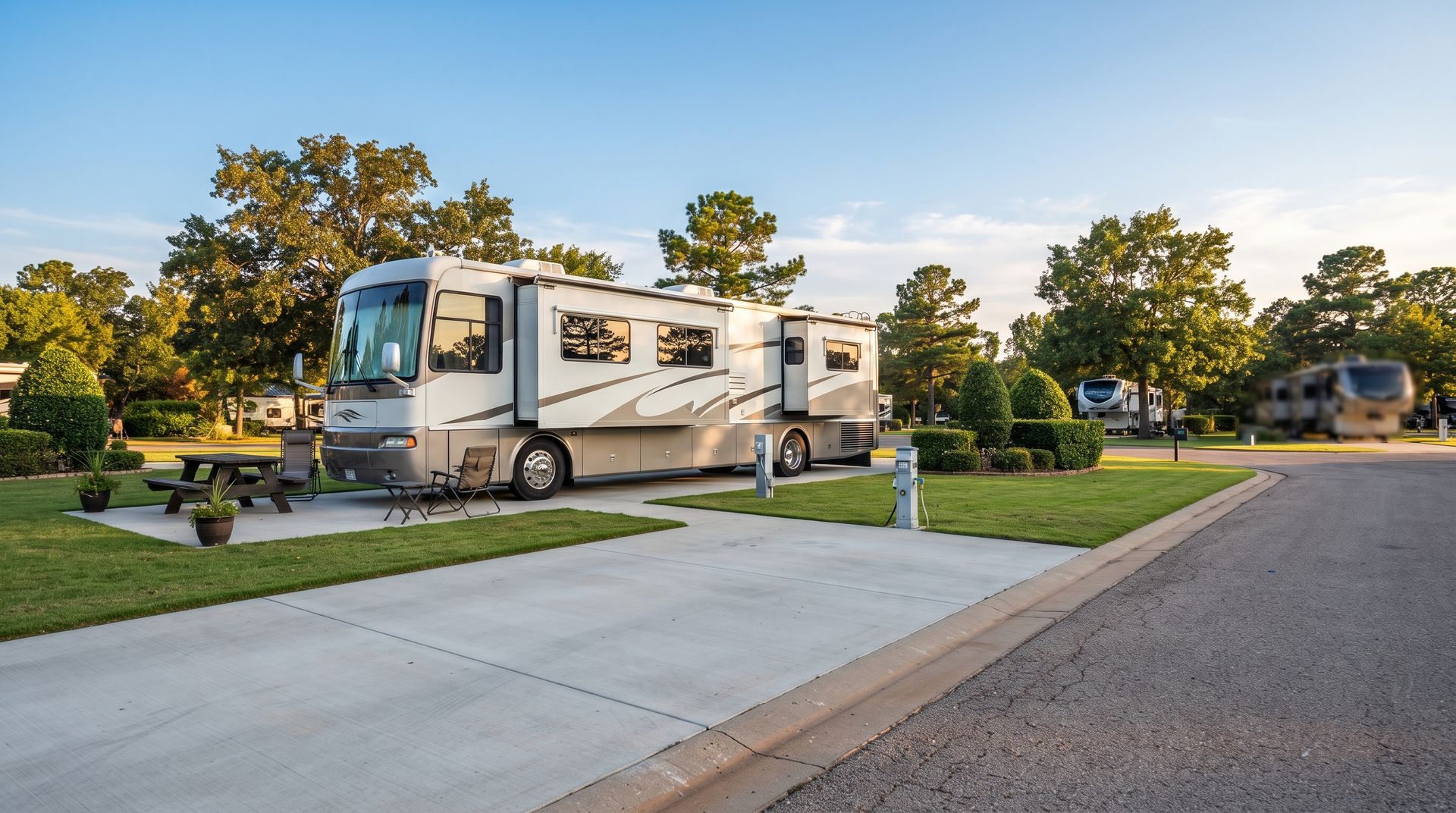 White RV parked on a driveway beside a grassy campground at sunset