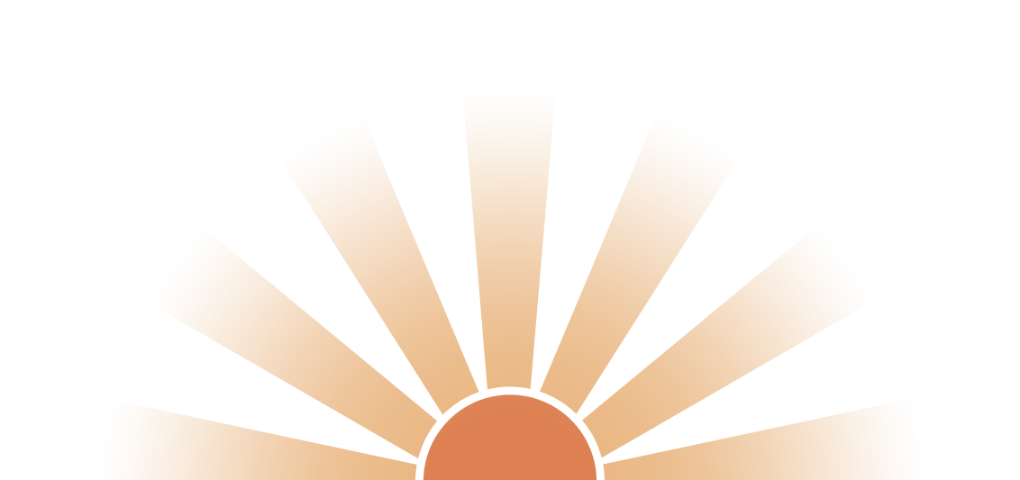 Orange sunburst icon with rays rising above a horizon on a white background