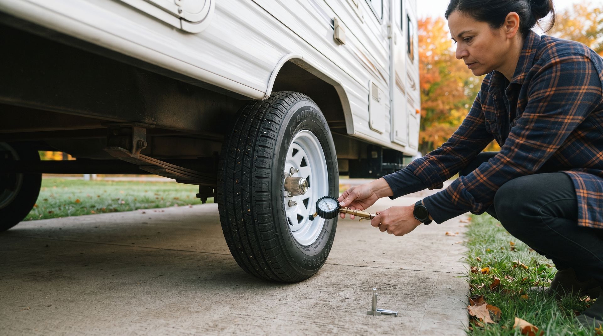 Person checking RV tire pressure with a gauge on a concrete pad in autumn