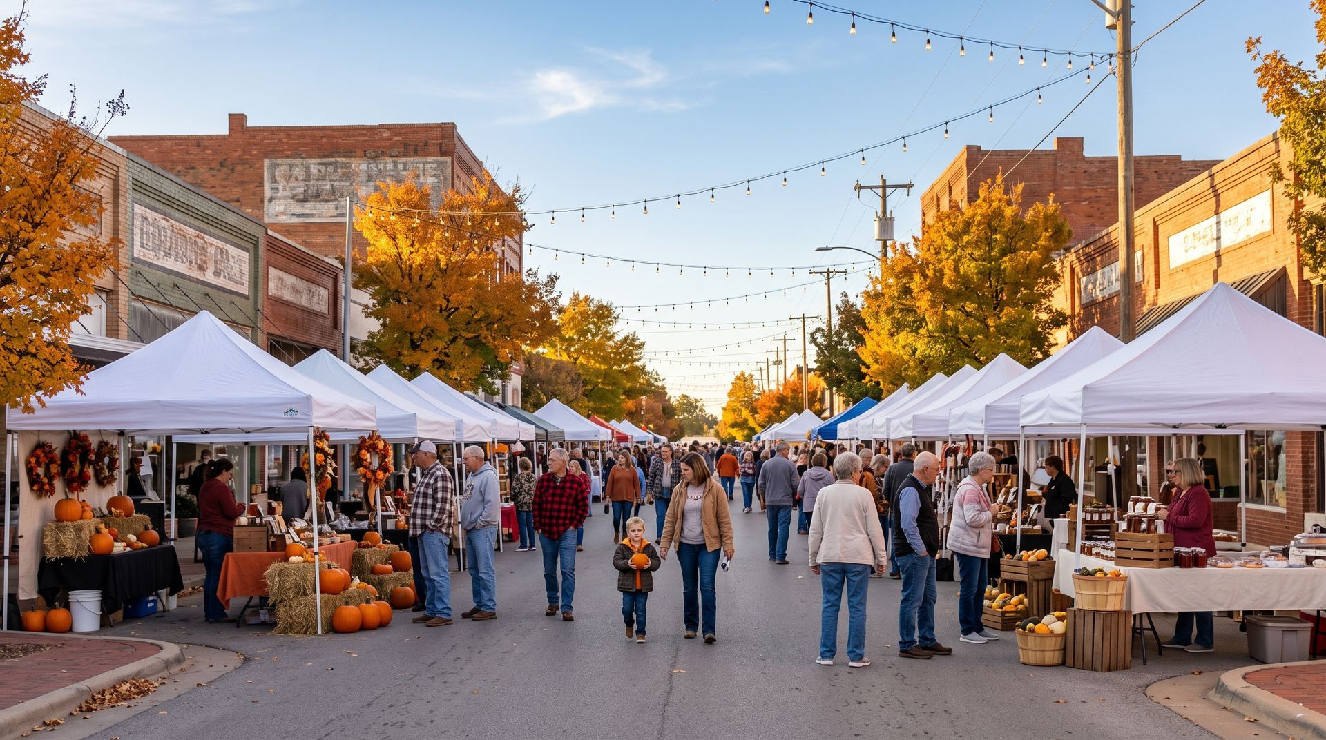 Outdoor market street with white tents, pumpkins, and people strolling under a blue sky.