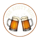 Two beer steins clinking, with foam, inside a circle with "The Rusty Mug" text.