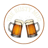 Two beer steins clinking, with foam, inside a circle with "The Rusty Mug" text.