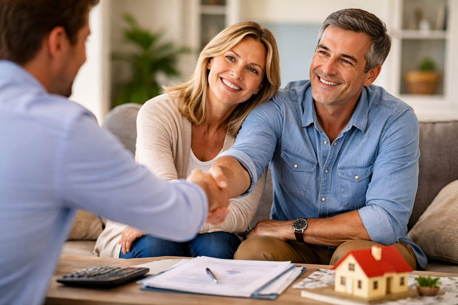 Couple meeting with a financial advisor at a desk with paperwork and a small house model