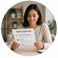 Woman smiling while reading a “Your Action Plan” document at a table in a bright room