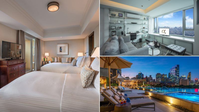Luxury hotel suite with king bed, balcony seating, and city skyline pool view at sunset