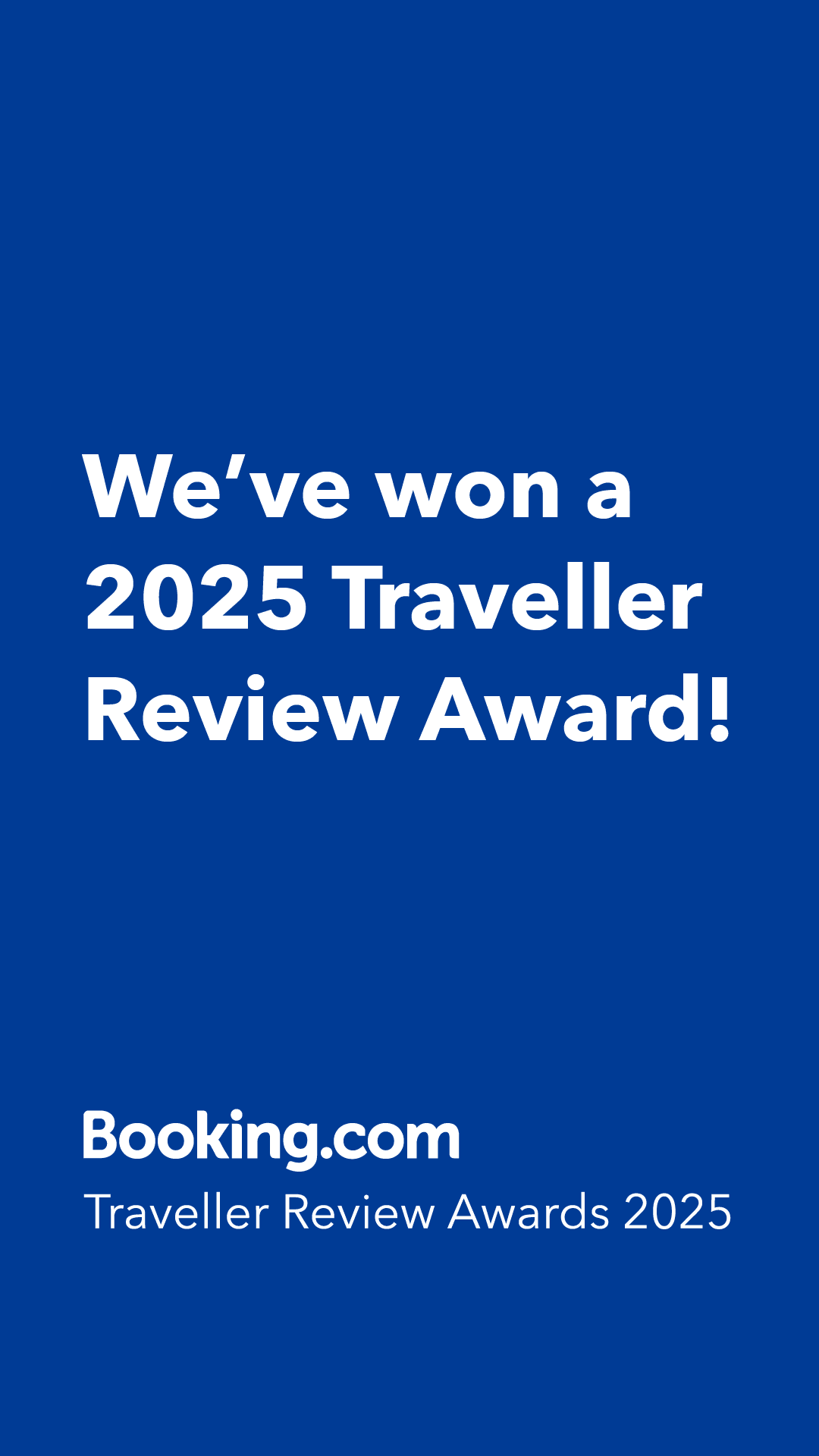 Blue Booking.com award badge with white text: “We’ve won a 2025 Traveller Review Award!”