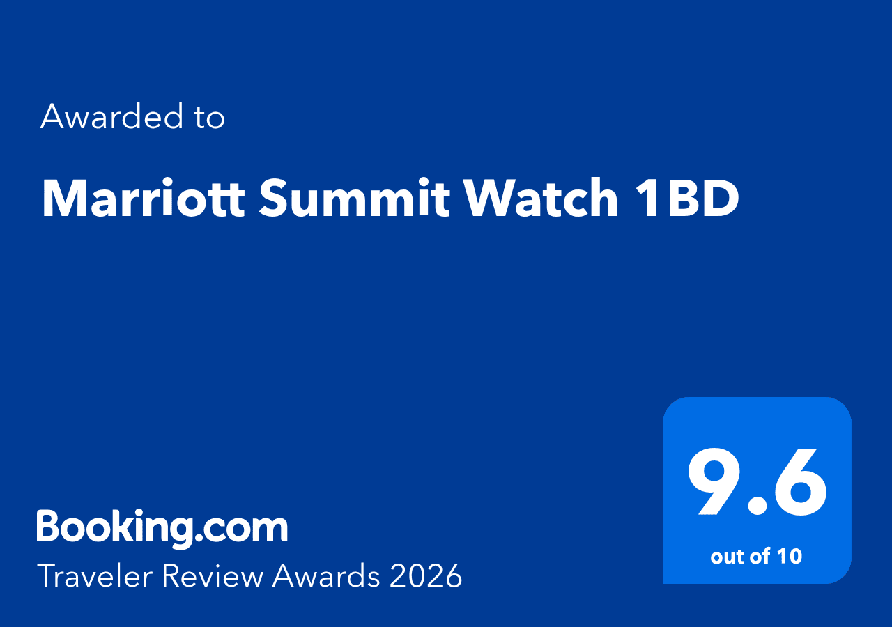Booking.com Traveler Review Award 2026 for Marriott Summit Watch 1BD, rating 9.6 out of 10 on blue background