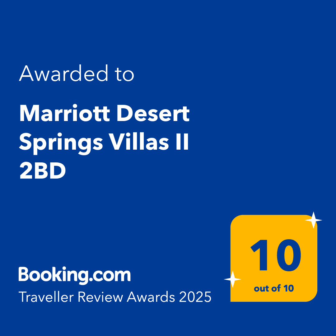 Booking.com Traveller Review Awards 2025 badge for Marriott Desert Springs Villas II 2BD, blue and gold, 10/10