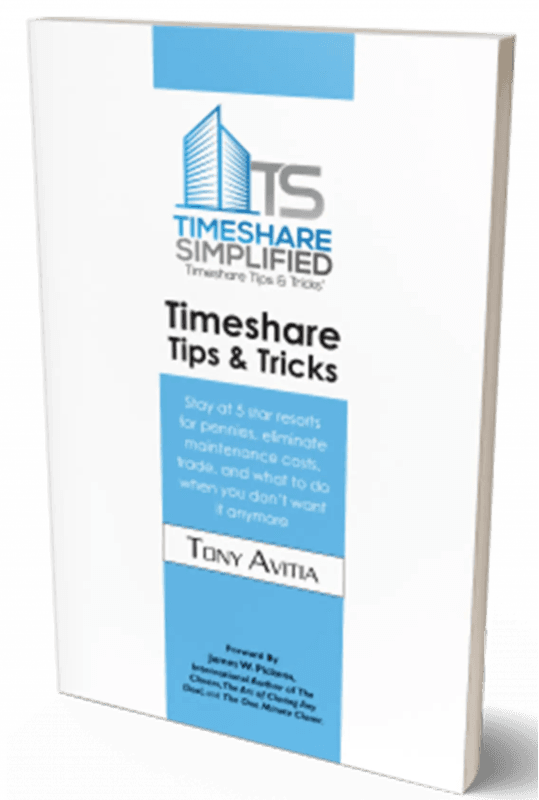 Book cover for “Timeshare Tips & Tricks” by Tony Avitabile, with blue and white design