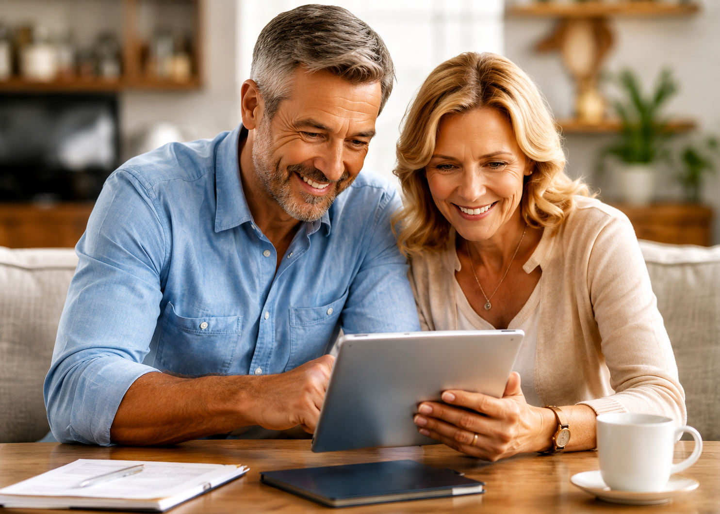 Smiling couple using a tablet at a kitchen table with coffee and papers