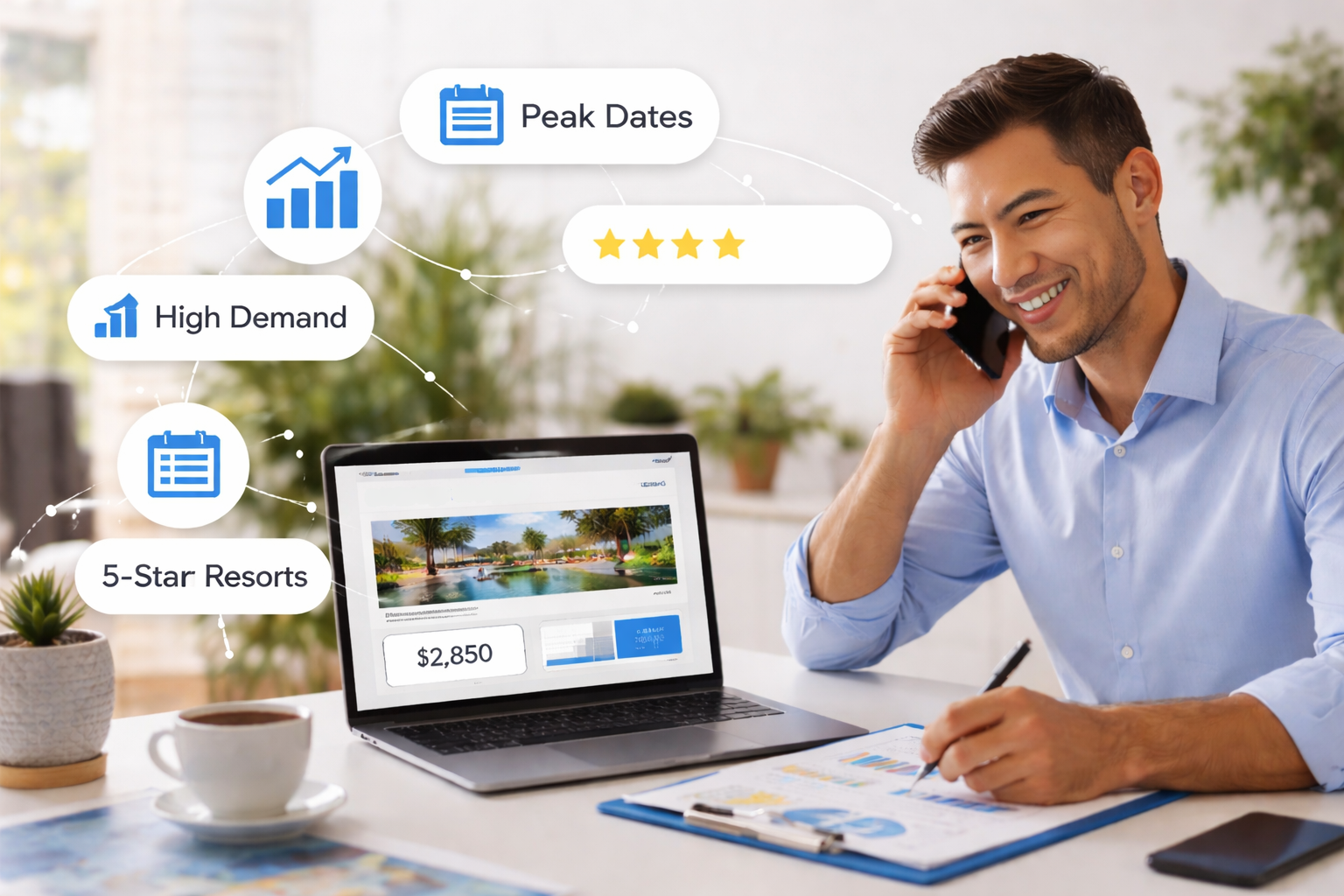 Travel booking dashboard on laptop with hotel icons, peak dates, high demand, and a smiling man at a desk