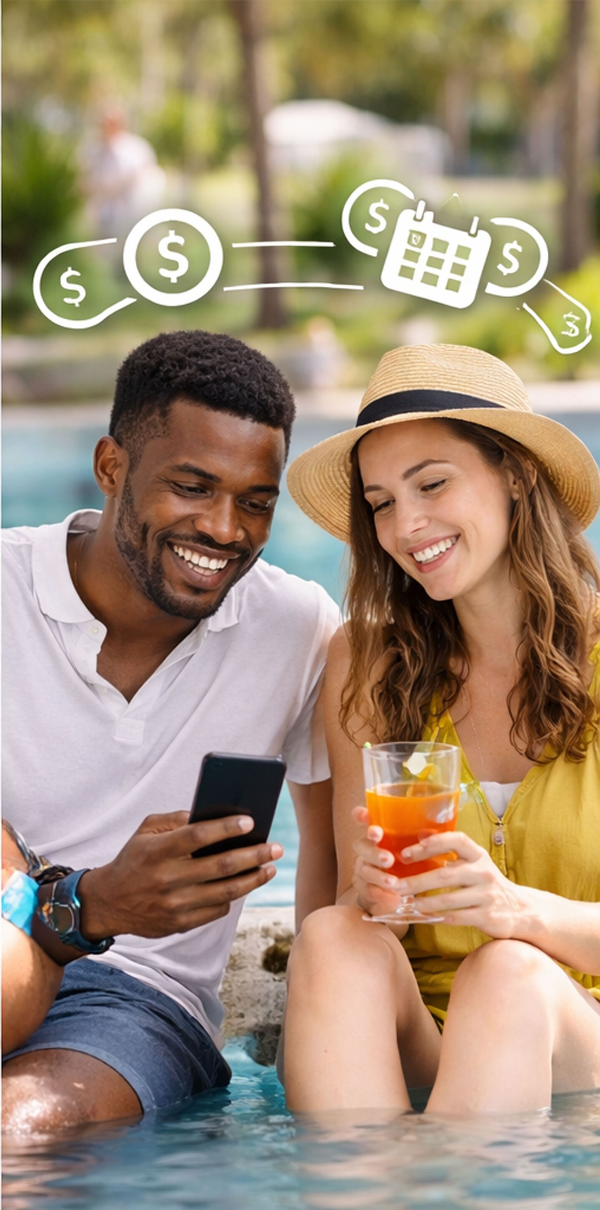 Two people smiling by a pool, looking at a phone and drinks, with money and calendar icons above them