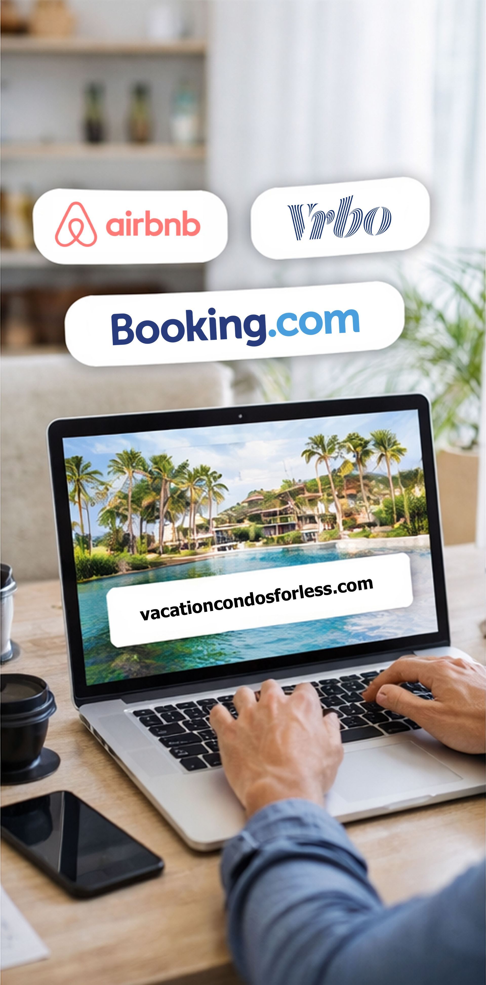 Laptop on desk with vacation rental booking logos and a travel website on screen