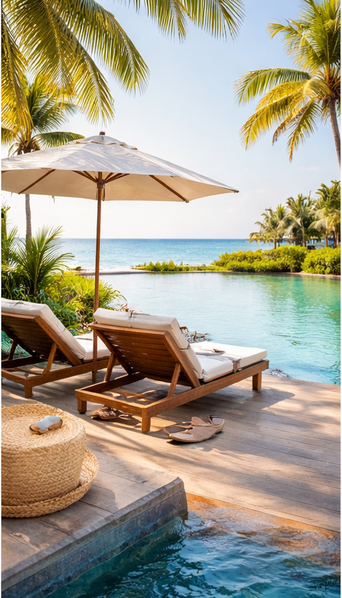 Tropical resort pool with lounge chairs, umbrella, palm trees, and ocean view